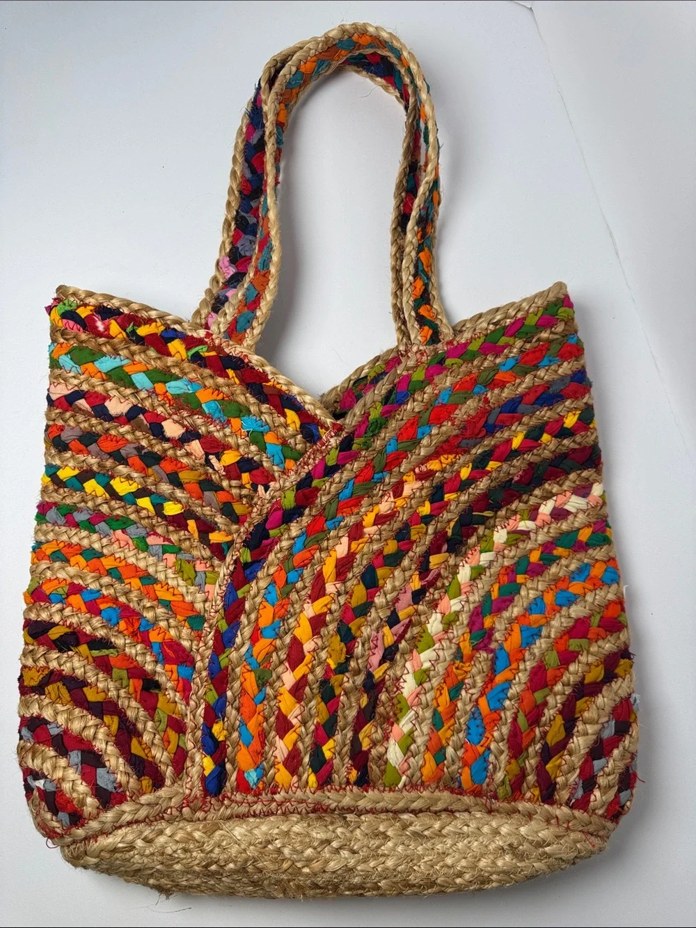 UNCOMMON Repurposed Woven Jute Straw Bag Multicolor Market Tote Carry All BOHO